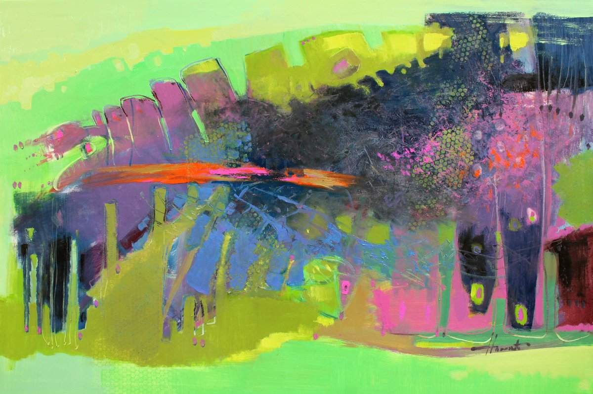 Expressive Abstract Oil Painting By Henadzy Havartsou, 59 X 39, Echo Of Green, Original Artwork