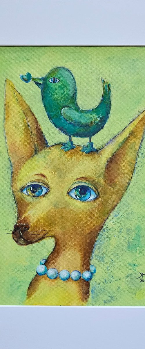 A chihuahua dog and a bird by Ksenia June