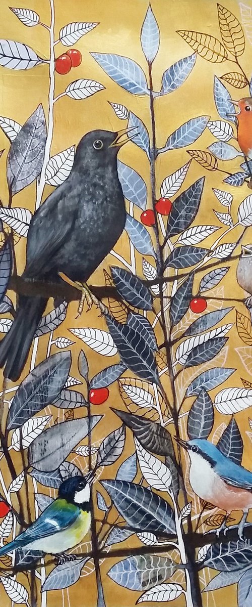 Choir practice  (Blackbird, great tit, wren, robin and nuthatch mixed media painting) by Carolynne Coulson