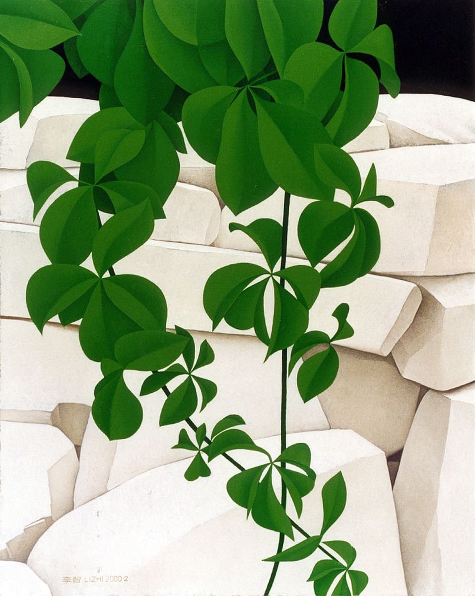 Abstract Oil Painting By Zhi Li, 26 X 32", Creative Work 04 [White Stone Wall], Original Artwork