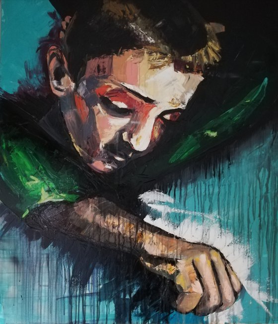 Modern Portrait, thick paint, green painting, "The Moon Watches Over"
