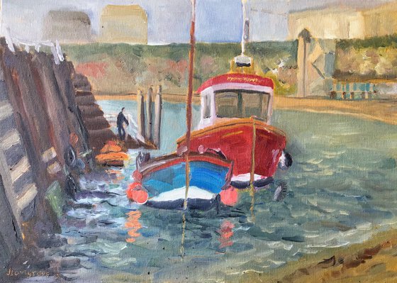 Boats at the Jetty, Broadstairs, an original oil painting.
