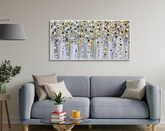 Golden Cascade - Original Abstract Falling Gold Leaves FlowerPainting, White Flower Painting, Size: 48 x 24 inches (120 x 60 cm)