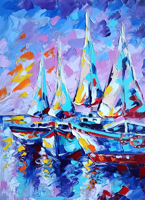 Calm in the ocean - yachts at sunset, sea and sky, yacht, oil painting, boats, sunset, yacht club, seascape, sea with yachts, yacht original painting, gift for man