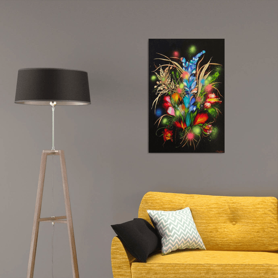 35.4" Night Flowers, Floral Painting