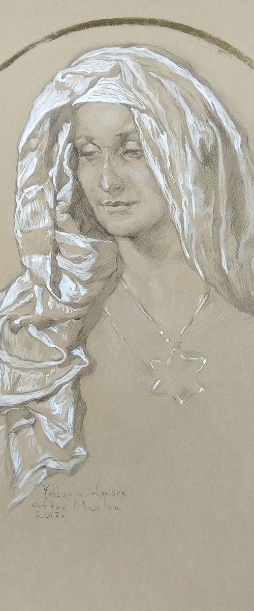 Woman portrait Tribute to Mucha / Realistic Pencil Portrait / Goddes /Mary /Virgin / Holy /Gold Black White / Star of David /Magen David / Jewish star/Gift idea by Daria Yablon-Soloviova