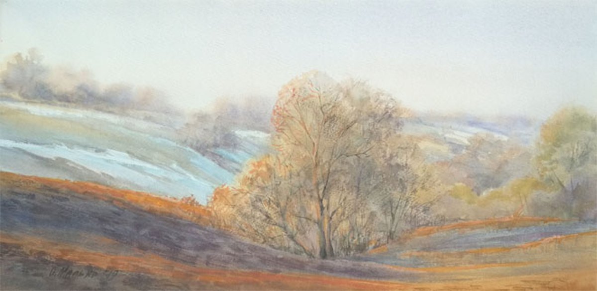 Morning in early spring / Hill countryside. Watercolor landscape by Olha Malko