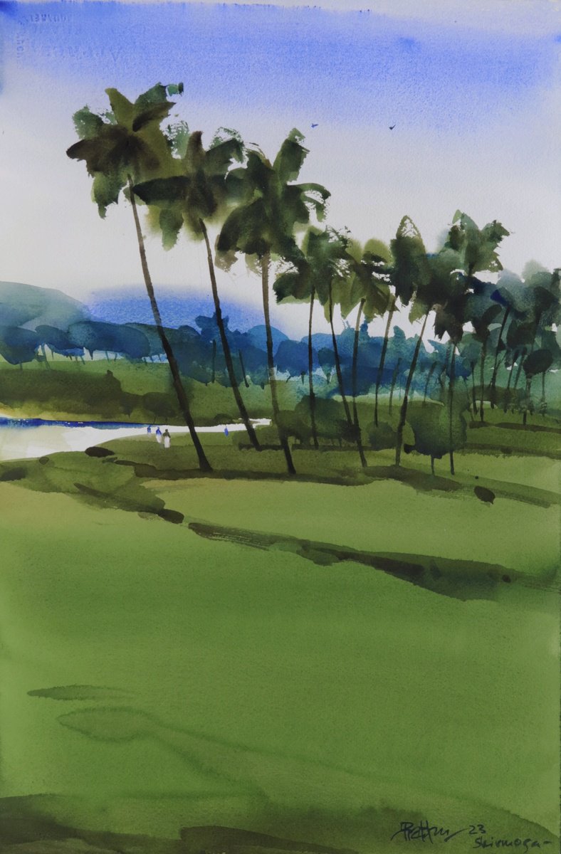 Impressionistic Landscape Watercolour By Prashant Prabhu, 15 X 22", Horizontal And Vertical Greens, Original Artwork