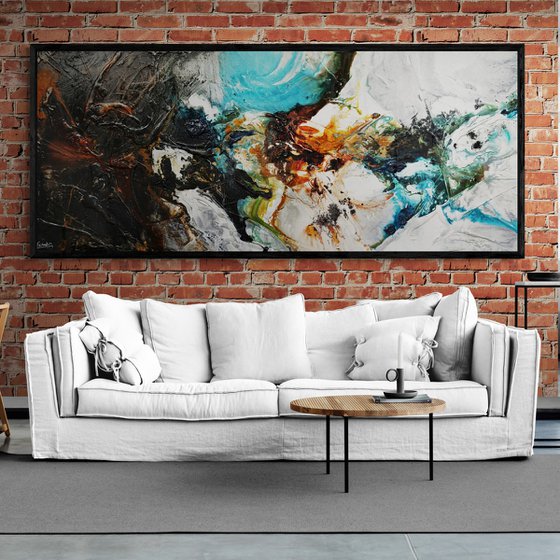 Natural Potion 240cm x 100cm Teal Black White Textured Abstract Art