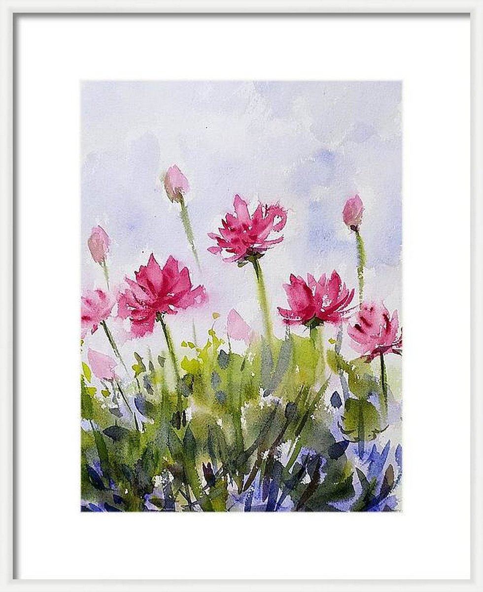 Crimson water lilies 1 - Waterlilies- Lotus in watercolours on paper by Asha Shenoy