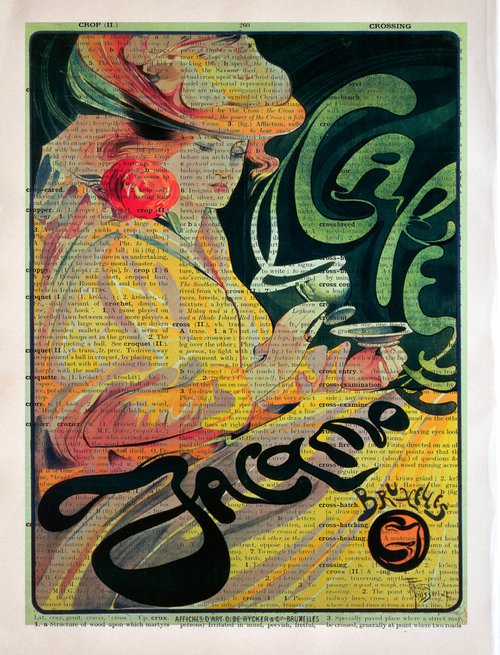 Café Jacqmotte Bruxelles - Collage Art Print on Large Real English Dictionary Vintage Book Page by Jakub DK - JAKUB D KRZEWNIAK
