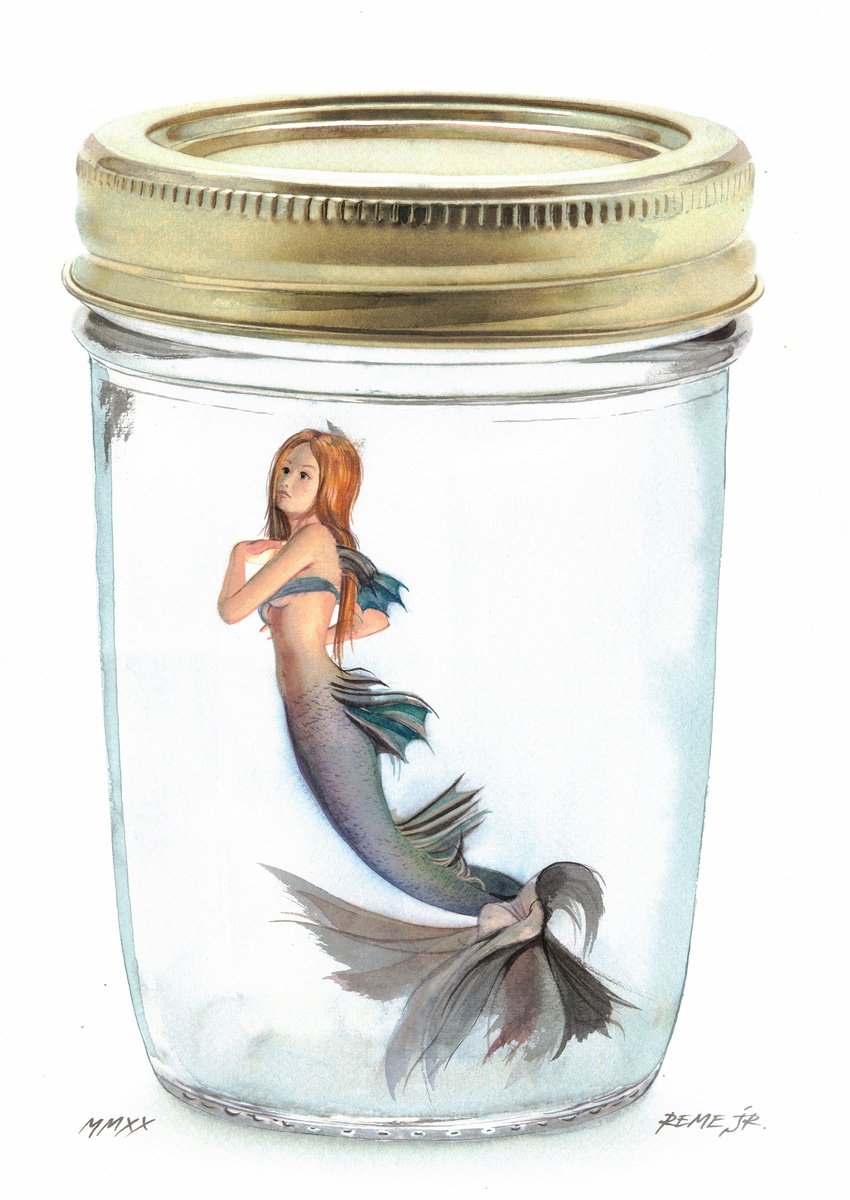 Photorealistic Portrait Watercolour By Reme Jr., 10 X 14", Mermaid In Jar I, Original Artwork
