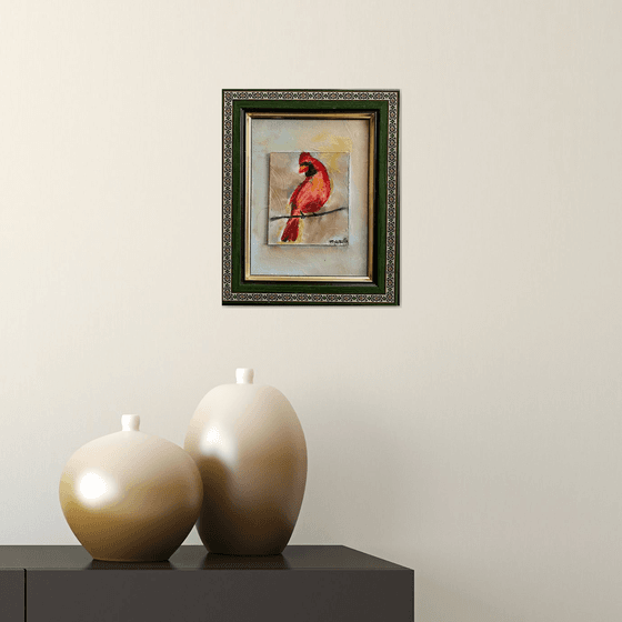 Gorgeous Cardinal Original Oil painting 5x7 on gessoed panel board