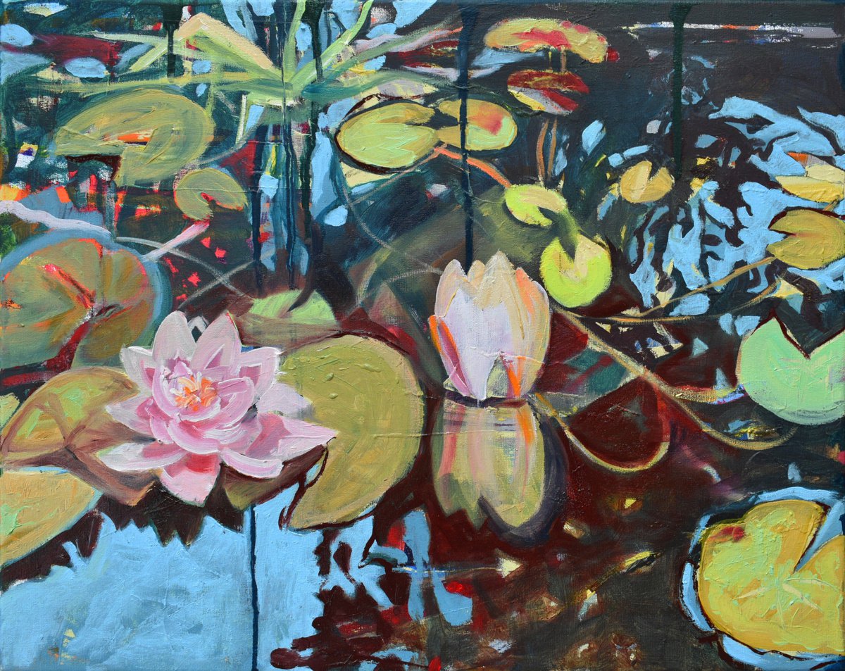 Expressive Botanical Oil Painting By Hilde Hoekstra, 20 X 16, The Last Water Lillies, Original Artwork