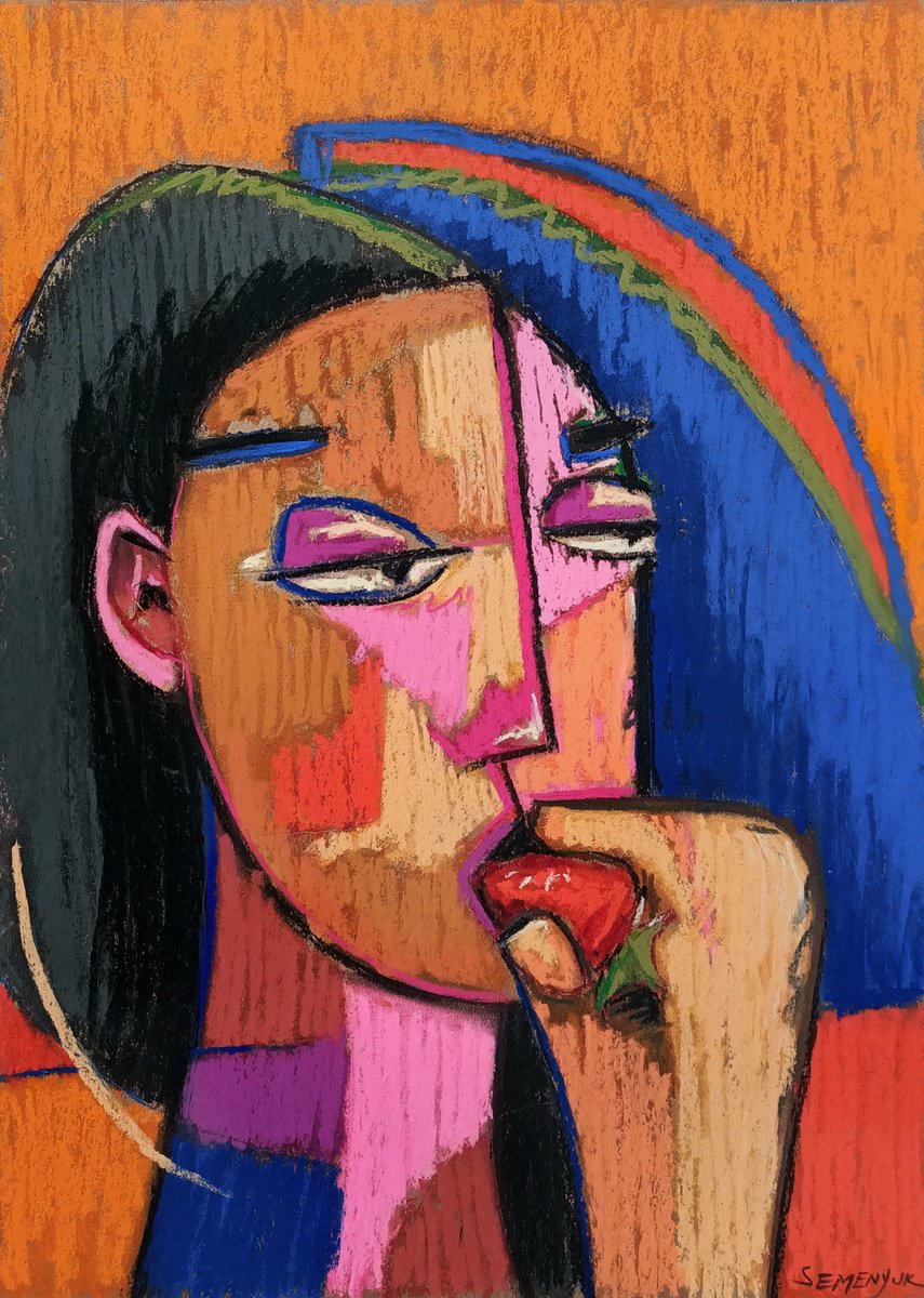 Impressionistic Portrait Pastel Drawing By Evgen Semenyuk, 16 X 20, Berry Red And Ultramarine Blue, Original Artwork