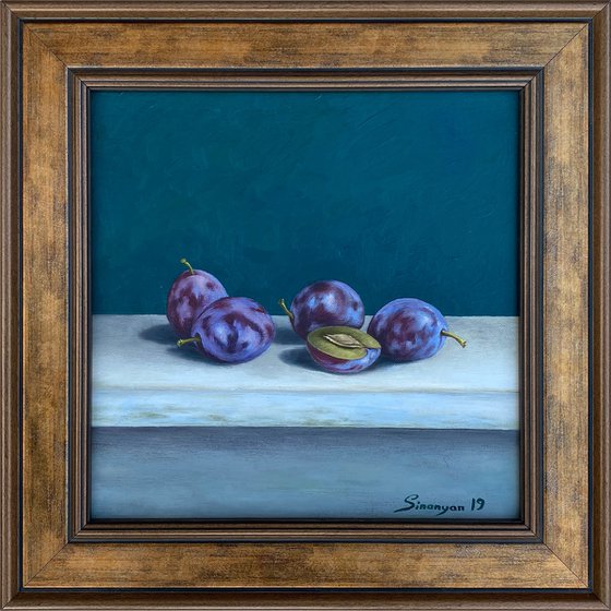 Still life plums (25x25cm, oil painting, ready to hang)