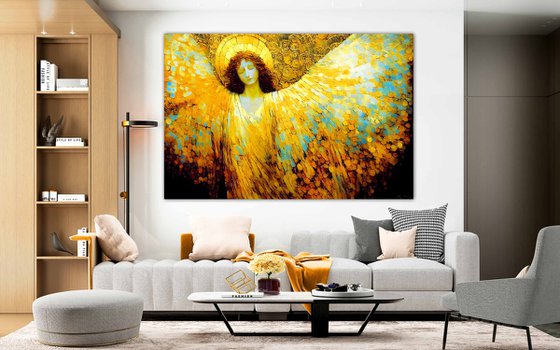 Angel. Large format 180 x 120 cm Original golden bronze huge wall art on canvas. Large artwork for home decor