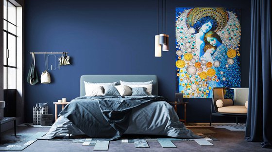 Guardian angel - Large format wall art with mom and baby. HUGE Love wall decor. Blue silver golden decorative artwork. Bright futuristic fantasy esoteric surreal mystery harmonious meditation relaxation aura art
