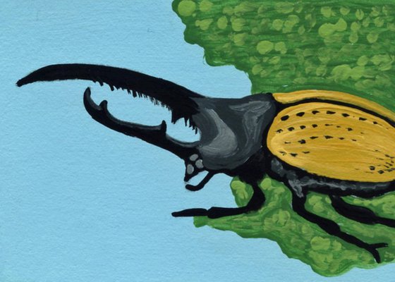 ACEO ATC Original Miniature Painting Insect Hercules Beetle Wildlife Bug Art-Carla Smale