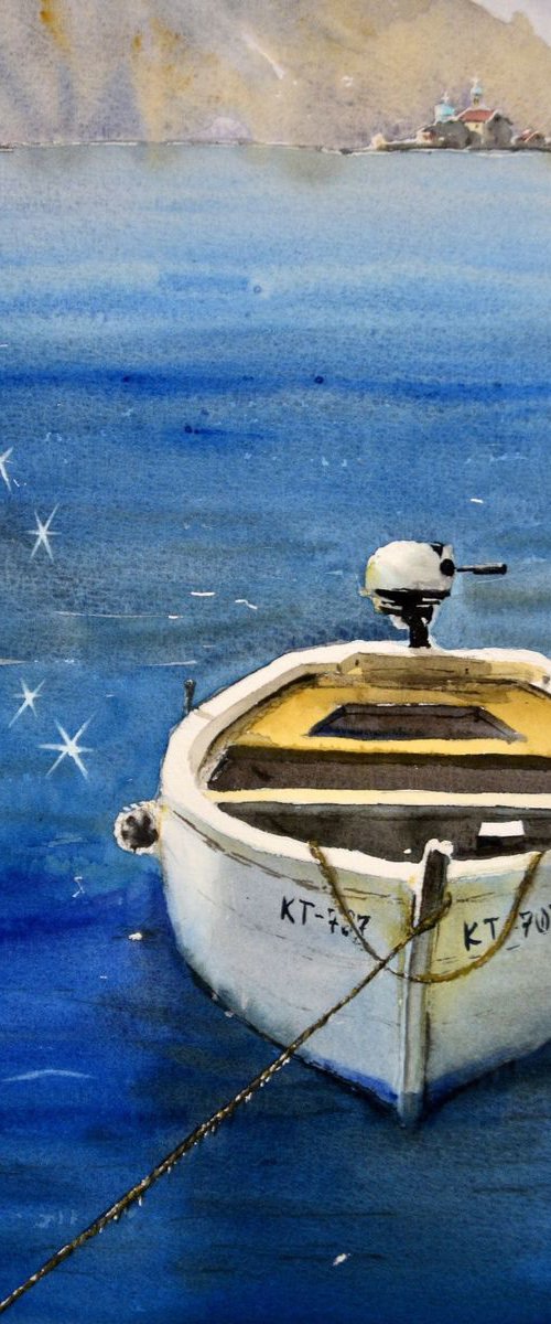 Boat and islands near Perast, Montenegro original watercolor art by Nenad Kojić watercolorist