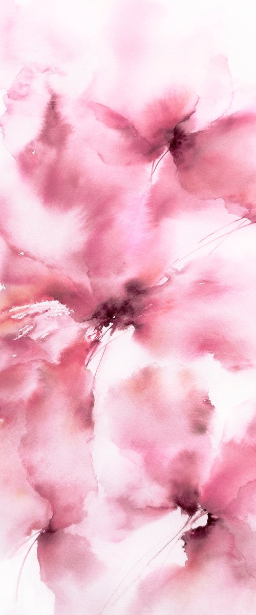 Pink abstract floral painting by Olga Grigo