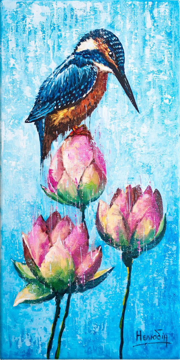 Impressionistic Animal Acrylic Painting By Aleksandr Neliubin, 12 X 24, Kingfisher With Water Lilies, Original Artwork