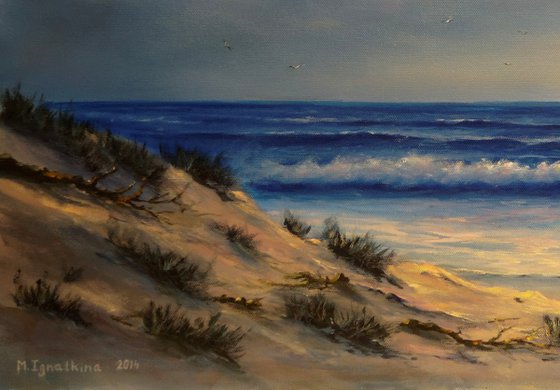Wild Beach - seascape painting, coastal art, sunset, wave, sand