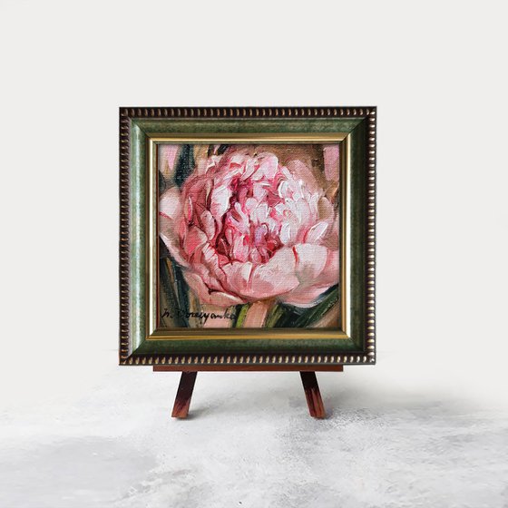 Peony flower painting original on canvas wall art, Small art framed pink flowers, Christmas gift for sister