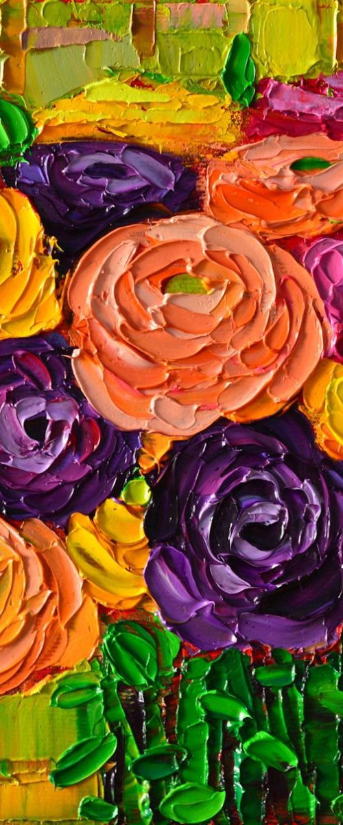 COLOURFUL BUTTERCUPS RANUNCULUS FLOWERS - palette knife floral oil painting by ANA MARIA EDULESCU