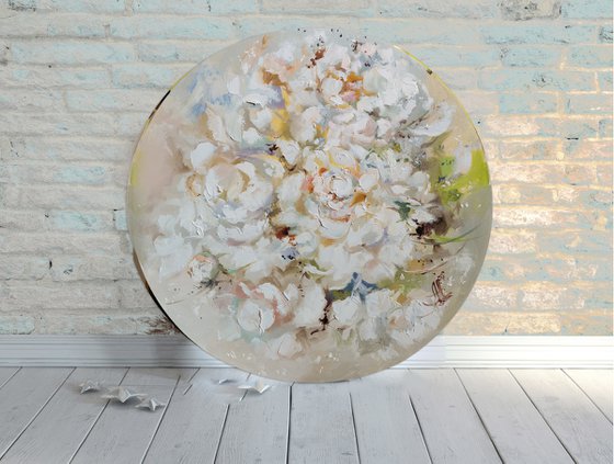 White peonies on round canvas, White flowers painting