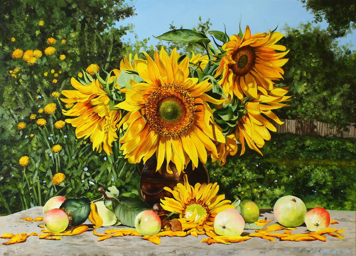 Sunflower Painting Oil, Flower country bouquet Still Life oil Painting, Yellow sunflower P... by Natalia Shaykina