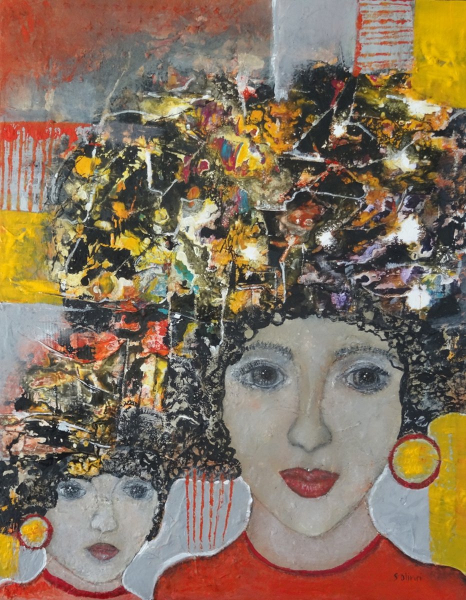 Expressive Portrait Acrylic Painting By Sylvie Oliveri, 29 X 37", Just Like Mom!, Original Artwork