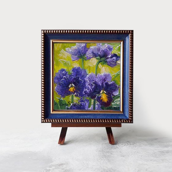 Panse flowers oil painting original, Purple flower small painting framed