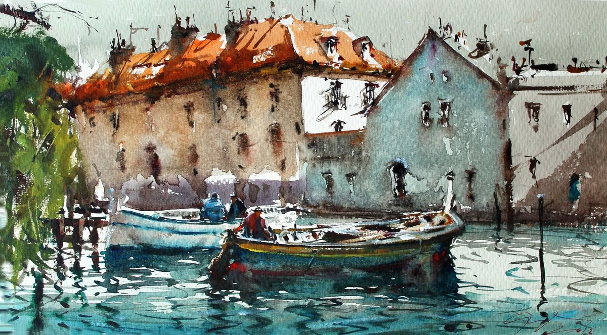 Impressionistic Cityscapes Watercolour By Maximo Damico, 15 X 9", Little Venice In Prague, Original Artwork