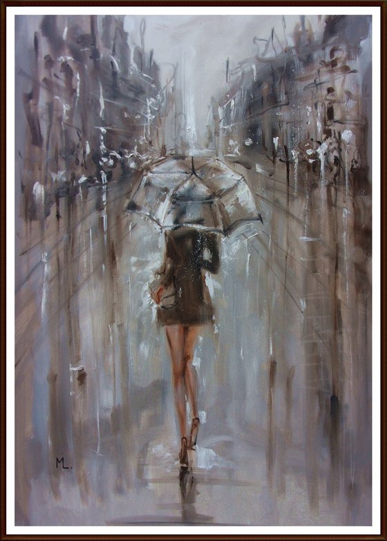 100x70cm LARGE FORMAT "  AUTUMN RAIN ... " original painting CITY palette knife GIFT MODERN URBAN ART OFFICE ART DECOR HOME DECOR GIFT IDEA