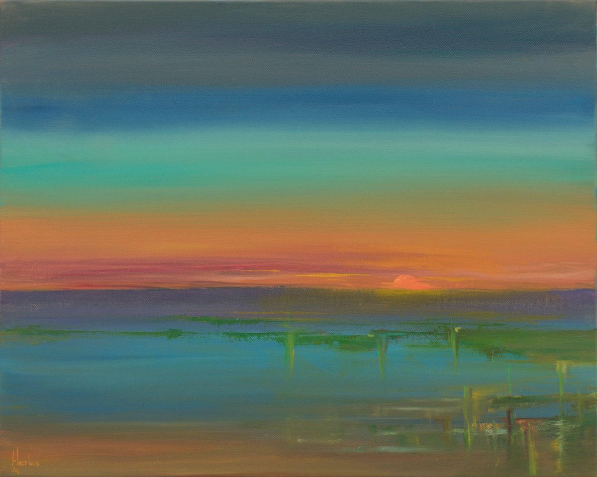 Impressionistic Landscape Oil Painting By Egidius Heerkens, 20 X 16, Green Haze Sunset Ii, Original Artwork