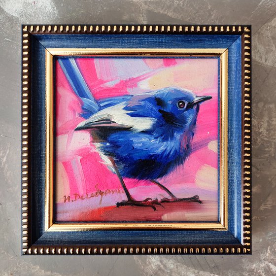 Blue Bird oil painting original 4x4 Fairy-wren bird artwork, Neon hot pink art gold frame, Small picture bird gift idea