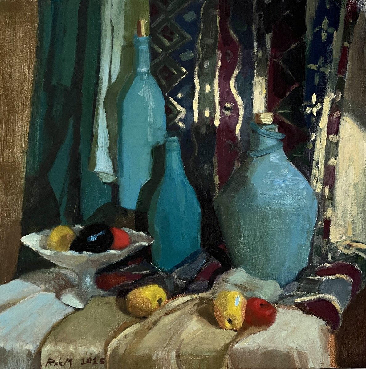 Impressionistic Still Life Oil Painting By Michael Rak, 14 X 14", Blue Bottles, Original Artwork