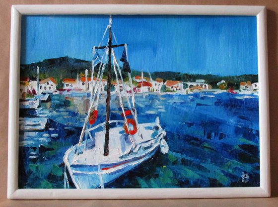 Boat in the harbor (framed)