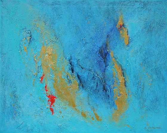 CARIBBEAN DREAM. Teal, Gold, Blue Contemporary Abstract Seascape, Ocean Waves Painting. Modern Textured Art