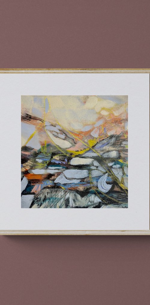 "Ray" - small abstract landscape, yellow blue black, Christmas gift by Yulia Ani