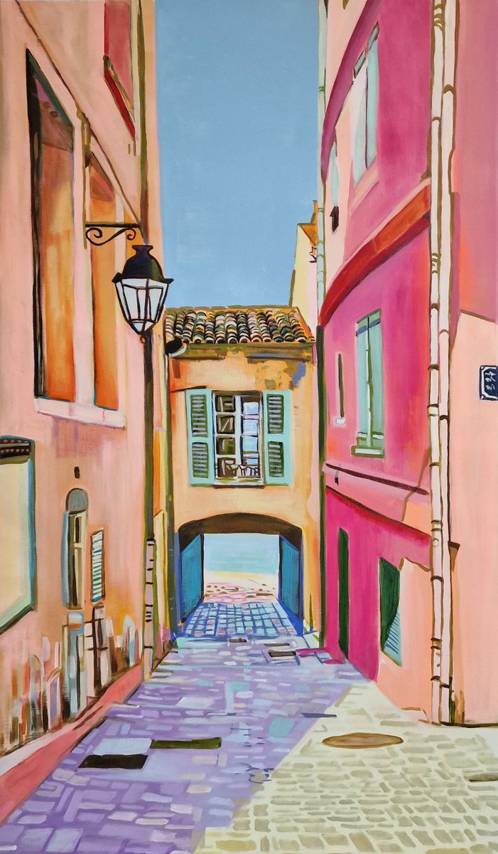 Impressionistic Cityscapes Acrylic Painting By Alexandra Djokic, 27 X 45, Saint-Tropez , Mediterranean Street, Original Artwork
