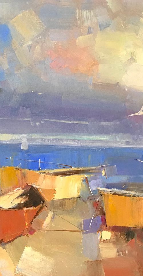 Rowboats, Original oil painting, Handmade artwork, One of a kind by Vahe Yeremyan