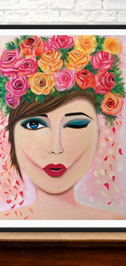 Wink Girl Portrait with flowers !! Oil Painting !! by Amita Dand
