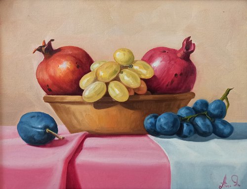 Still life with pomegranates and grapes (24x30cm, oil painting, ready to hang) by Tamar Nazaryan