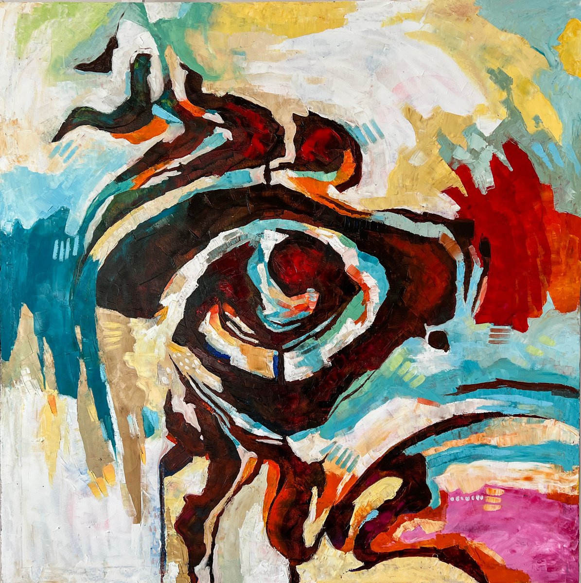 Organic Abstract Oil Painting By Simon Tunde, 47 X 47", Sign Ii., Original Artwork