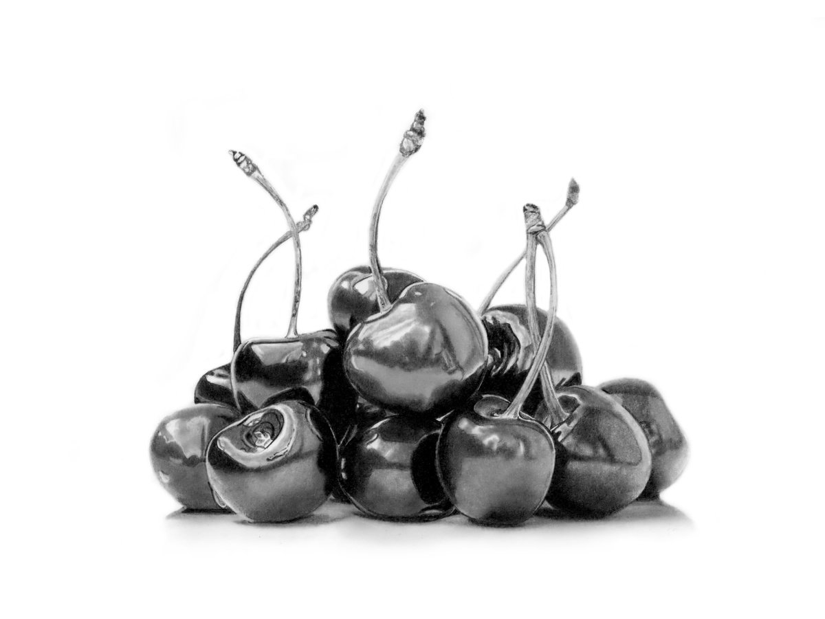 Photorealistic Pencil Drawing , Cherries #1 By Paul Stowe, 16 X 12, Artwork For Sale On Artfinder