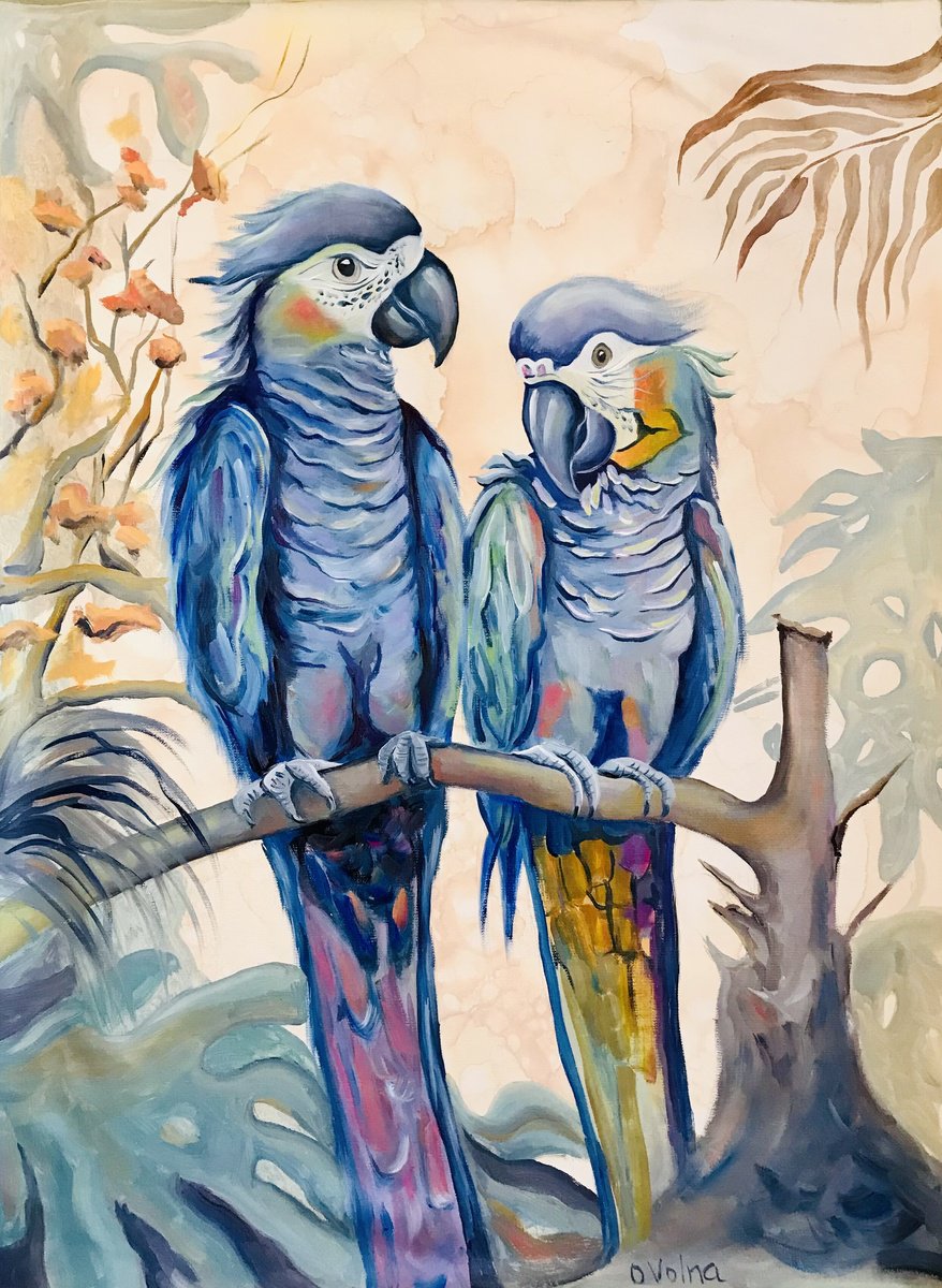 Blue parrots in love by Olga Volna