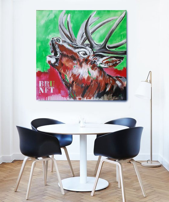 'BRUNFT' #6 - Rutting red deer - Work series 'Deer in pink' - PopArt in Pink and Green