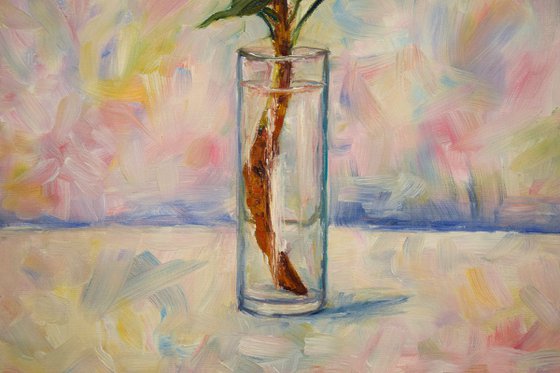 Flower protea original oil painting on canvas, pink plant in glass still life